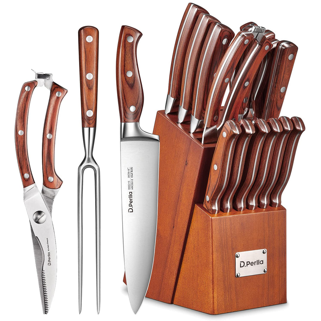 D.Perlla Messerblock | Messerset | 16-TLG Messer mit Holzgriff | Edelstahl Kochmesser Set mit Holzbl