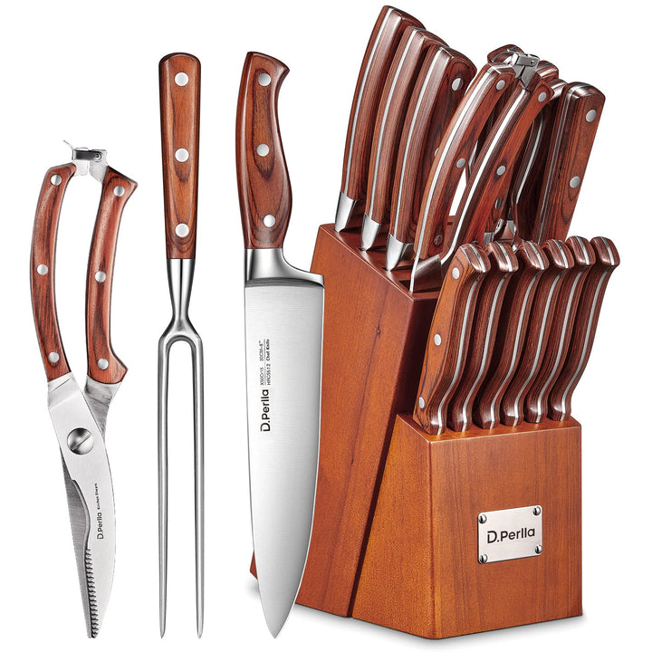 D.Perlla Messerblock | Messerset | 16-TLG Messer mit Holzgriff | Edelstahl Kochmesser Set mit Holzbl