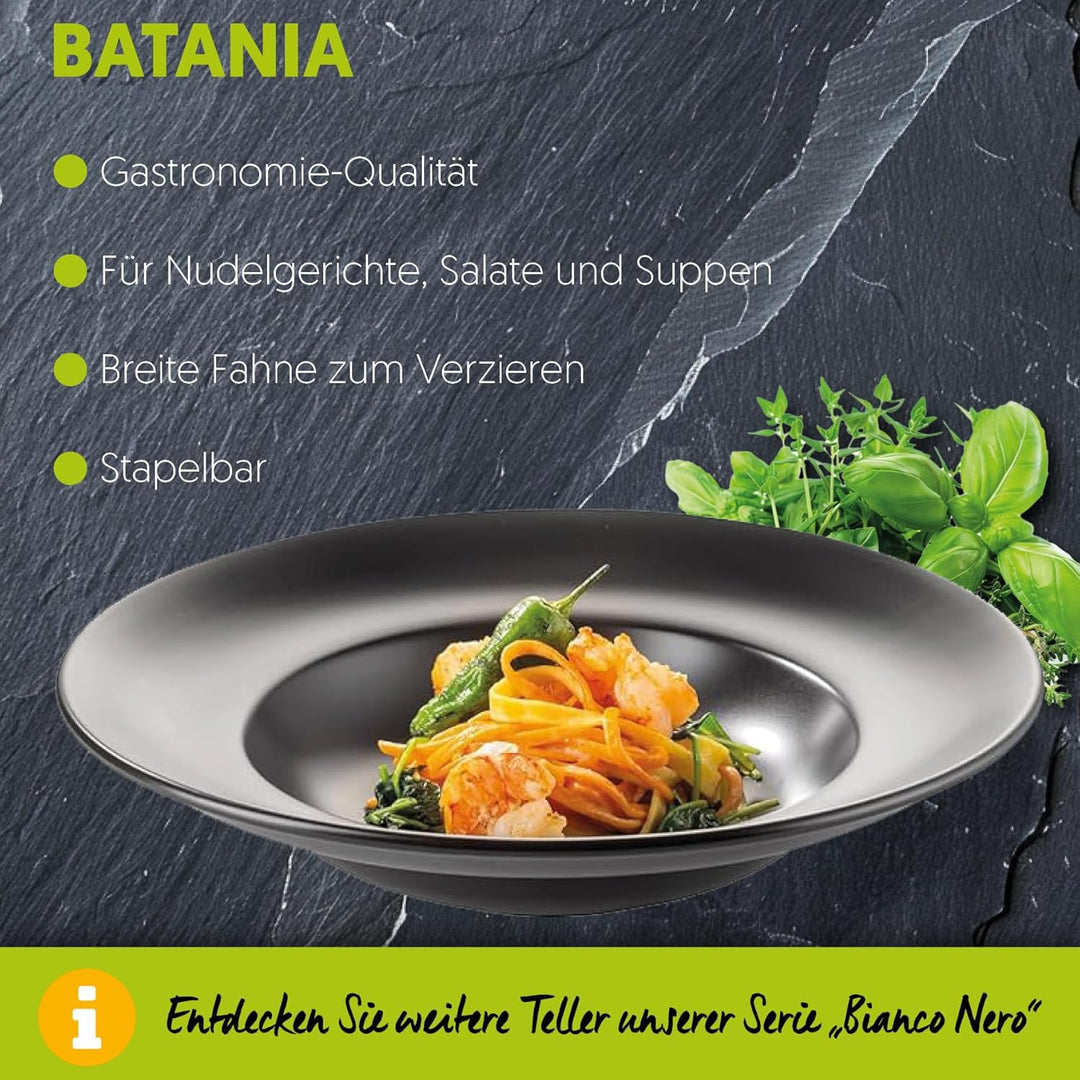 BATANIA 6x Pastateller Bianco rund Ø 27 cm Schwarz - hochwertiges Porzellan, mikrowellen- und spülma