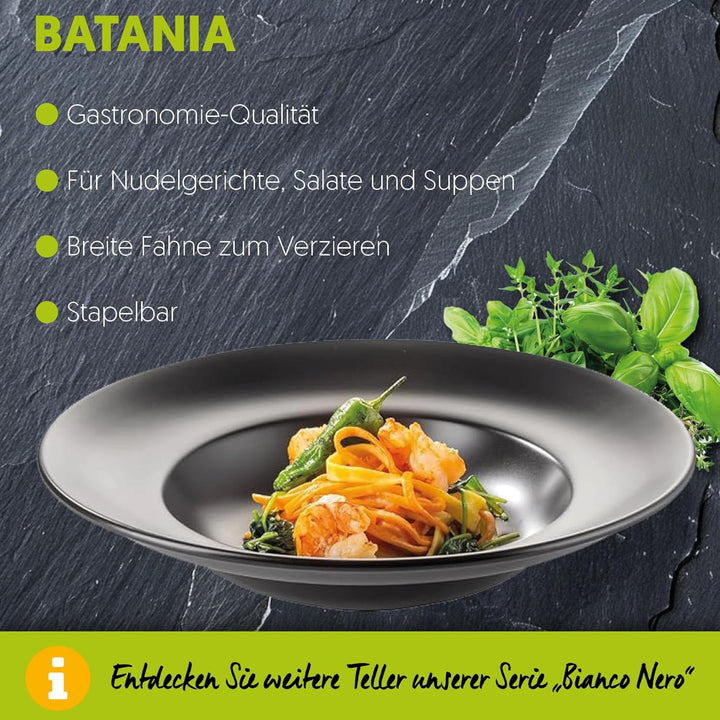 BATANIA 6x Pastateller Bianco rund Ø 27 cm Schwarz - hochwertiges Porzellan, mikrowellen- und spülma