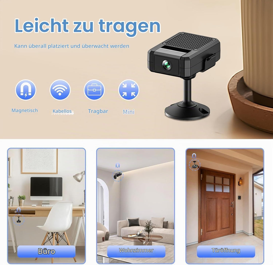 4K Mini Kamera Innen Akku, 2.4/5 Ghz WLAN Innenkamera | 180° drehbarem Objektiv automatische, Bewegu