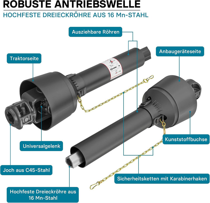 Wiltec Zapfwelle T4 Gelenkwelle 650-845mm 460Nm 540U/min, PTO-Shaft, 40kW (55PS), 2X 1 3/8" 6 Zähne