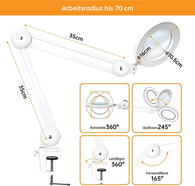 Beyamz LED Lupenleuchte, Arbeitsplatzlampe, 5 Dioptrien Lupe mit Licht - mit Klemme, Schwenkarm, Dim