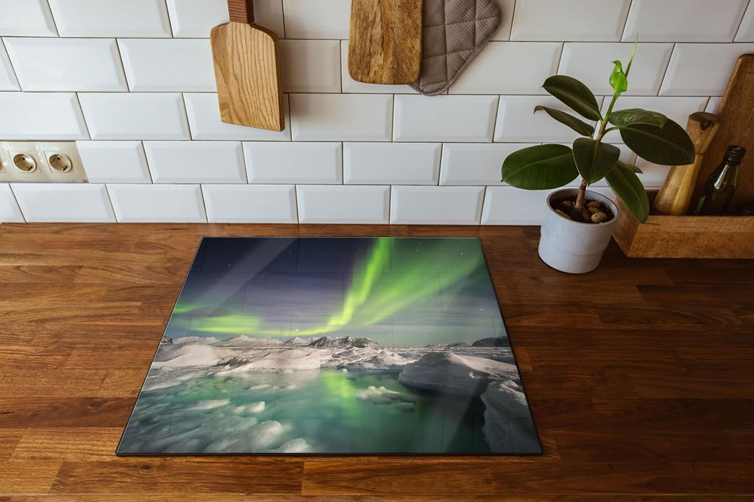 gewaltiges Polarlicht Herdabdeckplatte & Spritzschutz aus Echtglas | Für Herd-Kochfelder | 60x52 cm