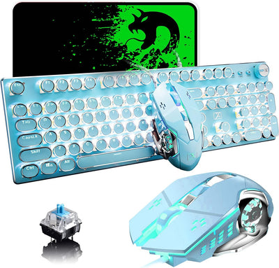 USB-Tastatur mit Kabel, mechanisch, blauer Schalter, Retro, Steampunk, Vintage, Schreibmaschinen-Sti