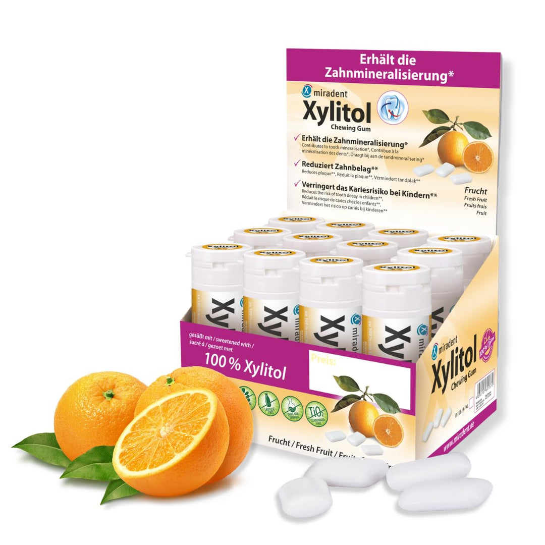 miradent Xylitol Zahnpflegekaugummi Fresh Fruit Display 12 St. | fruchtiger Geschmack | zuckerfrei |