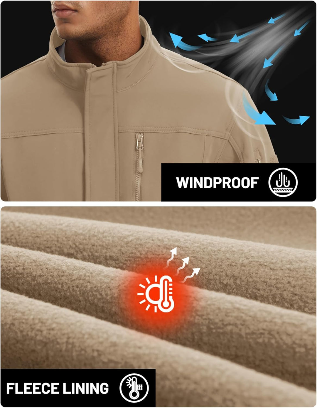 TACVASEN Herren Softshell Jacke Winddichte Outdoorjacke Übergangsjacke mit Reissverschlusstasche S K