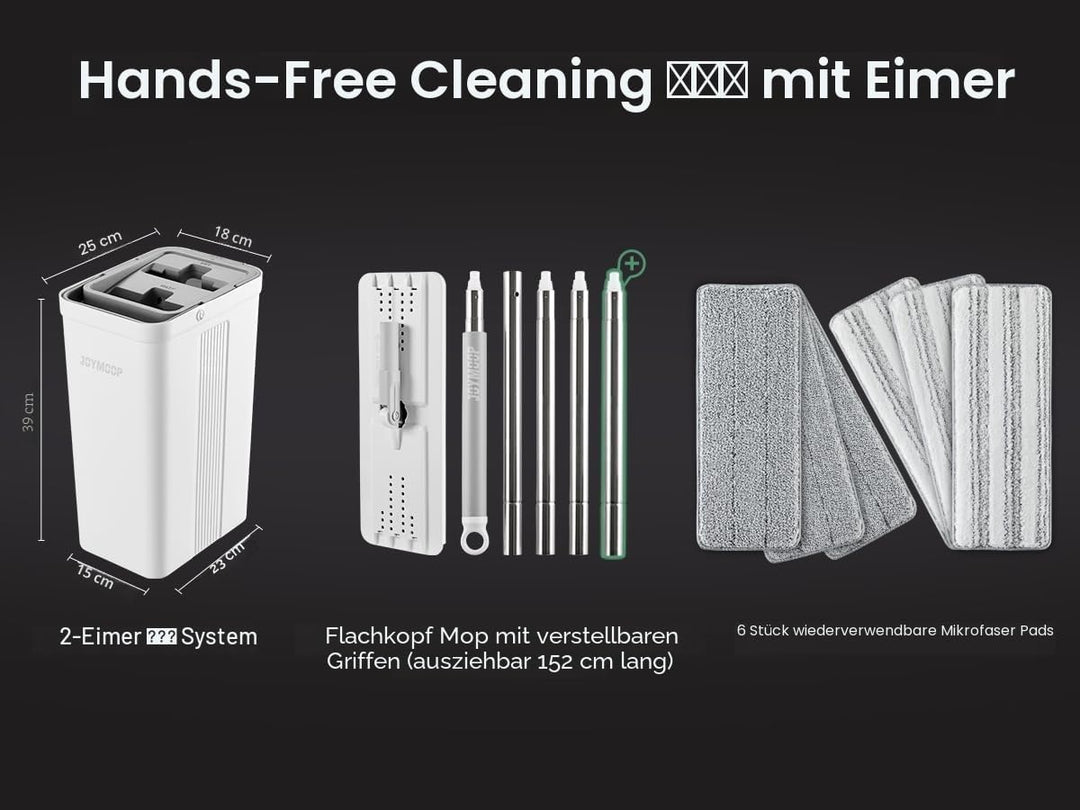 JOYMOOP Wischmopp und Eimer mit Auswringer-Set für Zuhause, weisses, flaches Quetsch-Mopp-Eimer-Set