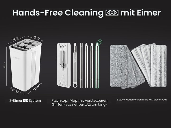 JOYMOOP Wischmopp und Eimer mit Auswringer-Set für Zuhause, weisses, flaches Quetsch-Mopp-Eimer-Set
