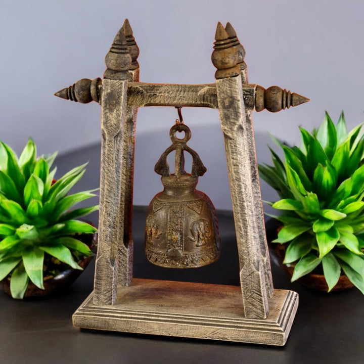Tempel Glocke mit Stativ - Bronze Glocke - Massivholz - thailändische Dekoration - 30cm Stativ
