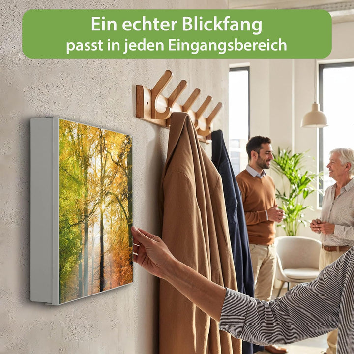 banjado® Grosser Schlüsselkasten Glas/Schlüsselbox 30cm x 30cm mit 50 Haken - Motiv Herbstwald/Schlü