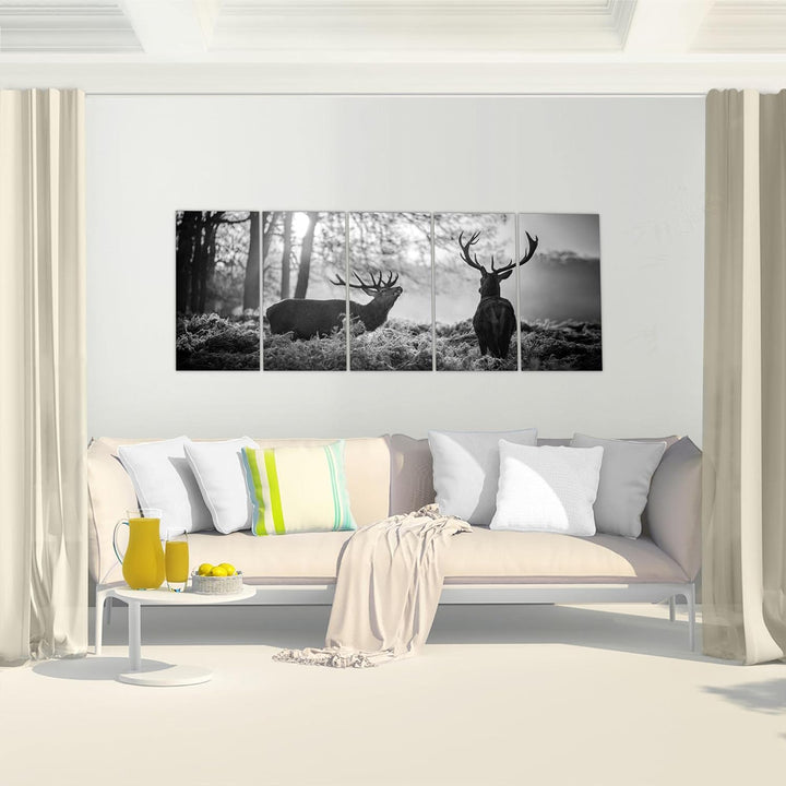 Runa Art Wandbild XXL Winter Hirsch Wohnzimmer Schlafzimmer 200 x 80 cm Schwarz Weiss 5 Teilig - Mad