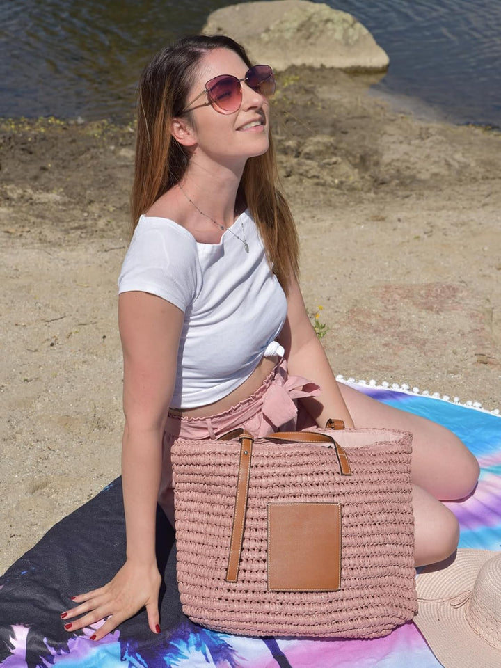 styleBREAKER Damen Korbflecht Schultertasche aus Papierstroh, Strandtasche mit langen Henkeln, Flech