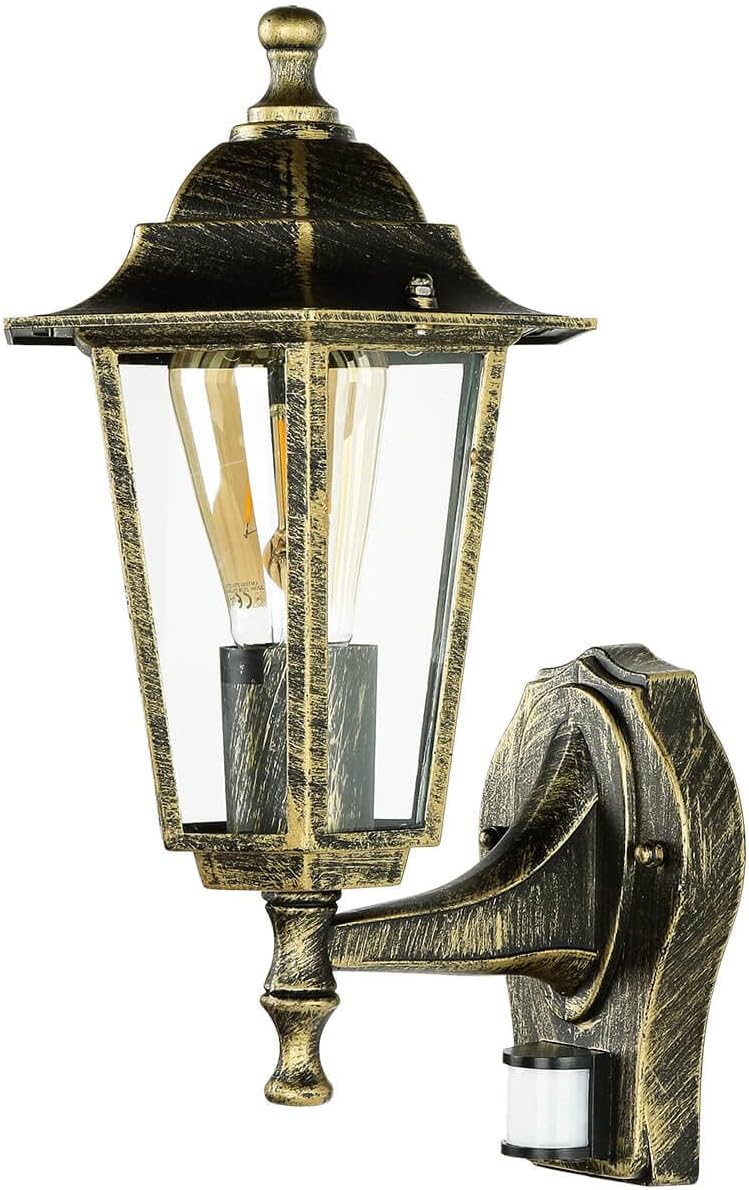 Licht-Erlebnisse Aussenwandleuchte mit Bewegungsmelder Glas Aluminium in Gold Antik IP44 Balkon B:17