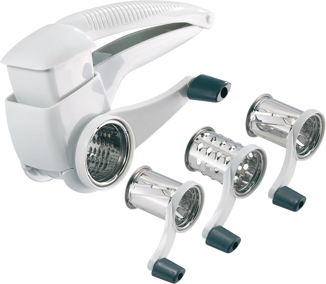 Westmark Trommelreibe/-hobel mit 3 Schneidtrommeln und integriertem Stössel, Rostfreier Edelstahl/Ku