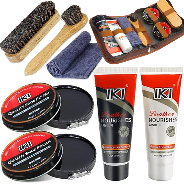 IKI Premium Lederschuhpflegeset - farbloses & schwarzes Lanolin, Schuhwachs, 2 Rosshaarbürsten, Flan