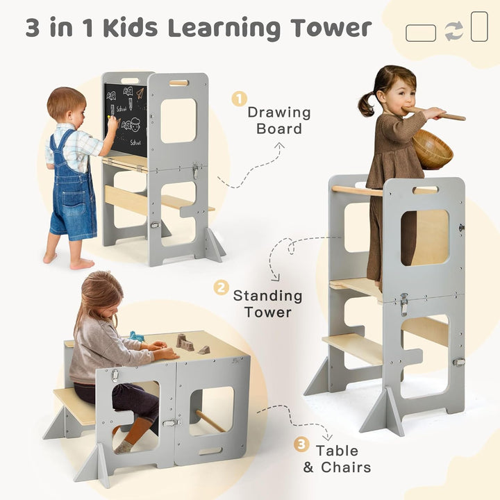 labebe Lernturm für Kinder, Montessori Learning Tower mit Tafel, Multifunktion 3 in 1 Faltbarer Lern