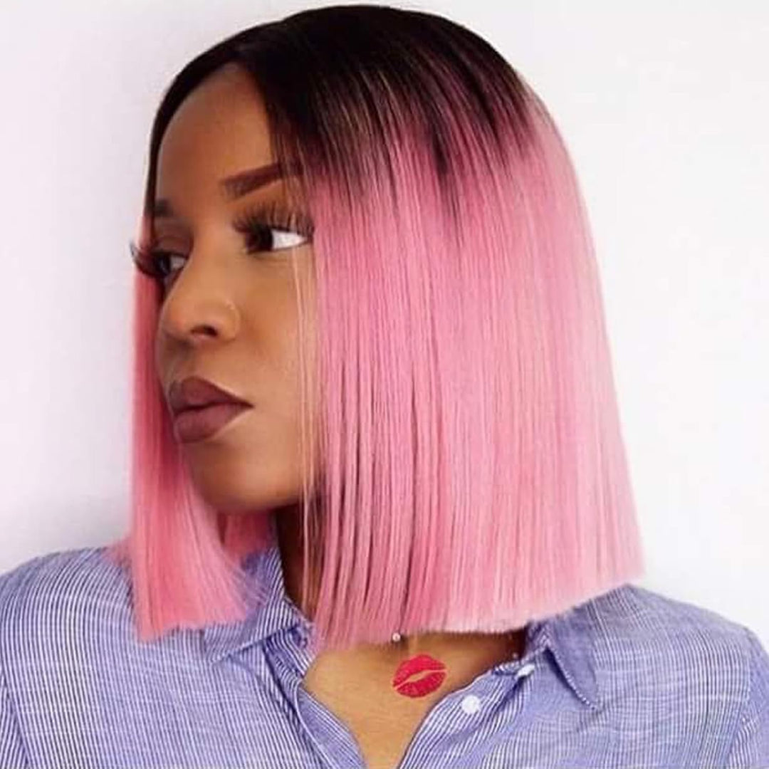 Huarisi 1b and Pink Short Bob Wigs Human Hair U Part None Lace 12 inch 10a Straight Remy Bob Ombre P