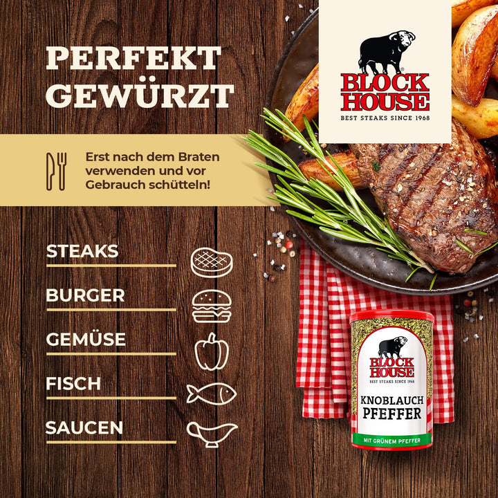 Block House Knoblauchpfeffer mit weissem Pfeffer 3x 200g - Gewürzmischung in Restaurantqualität