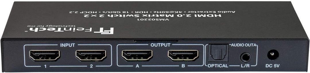 FeinTech VMS02201 HDMI 2.0 Matrix Switch 2x2 mit Audio Extractor 4K HDR SPDIF 2 IN, 2 OUT Single, 2