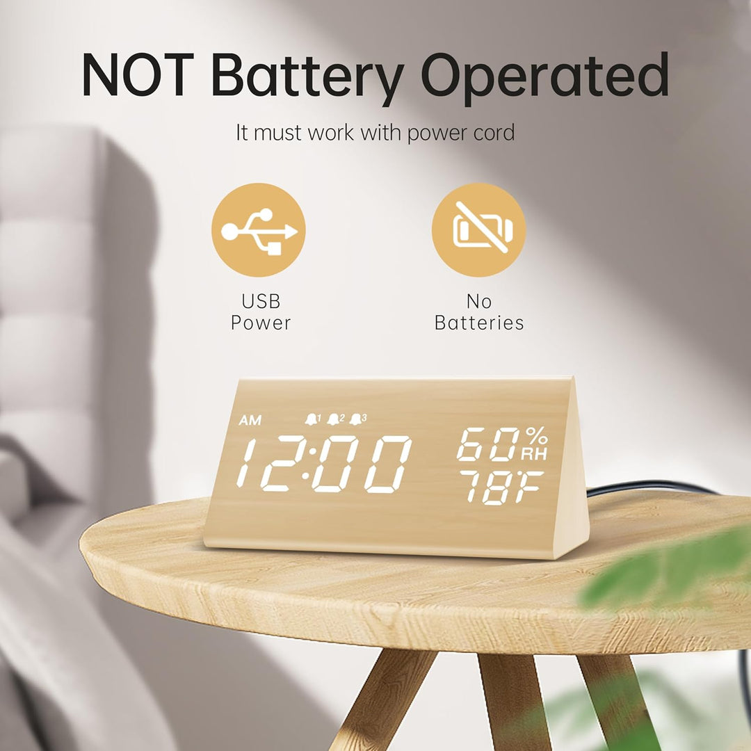 Digitaler Wecker, mit elektronischer Holz-LED-Zeitanzeige, 3 Alarmeinstellungen, Luftfeuchtigkeit un