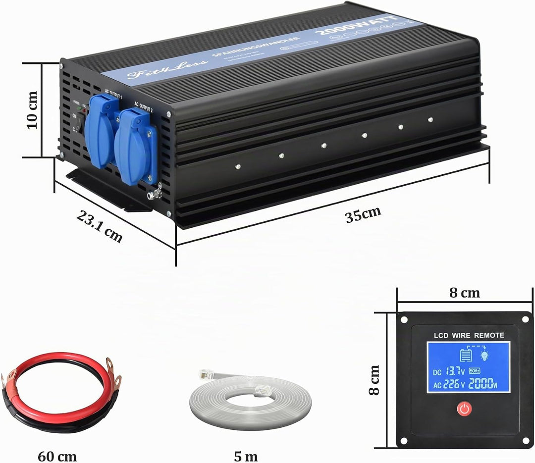 Reiner Sinuswelle Wechselrichter DC12V auf AC230W 50Hz mit Dual Shuko Buchsen, DC5V USB-Anschluss, L