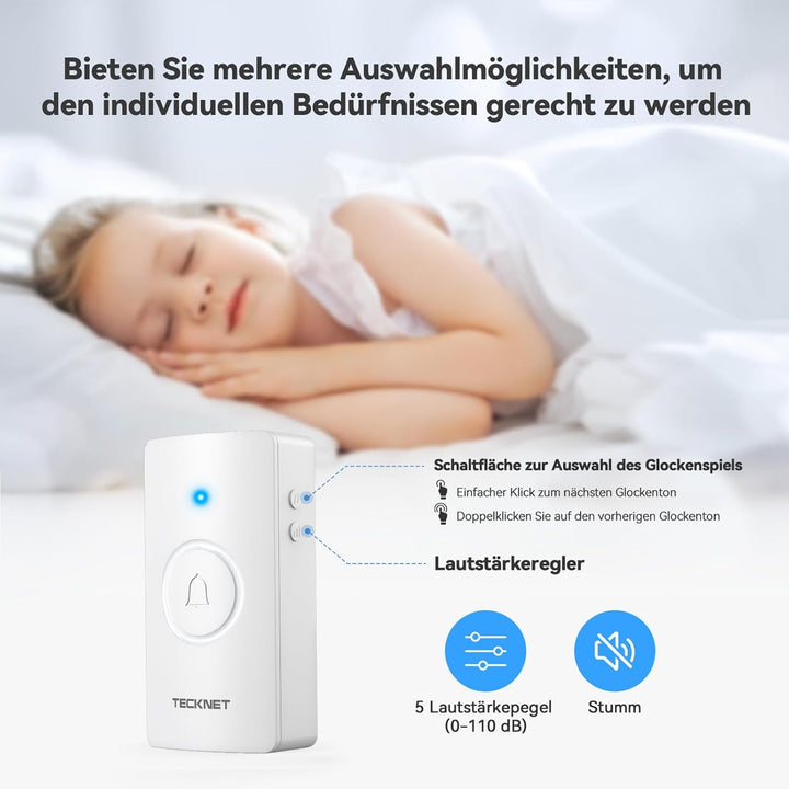 TECKNET Funkklingel, Batteriebetriebene Türklingel mit 4 Empfängern & 2 Sendern, Haustür Klingel Set