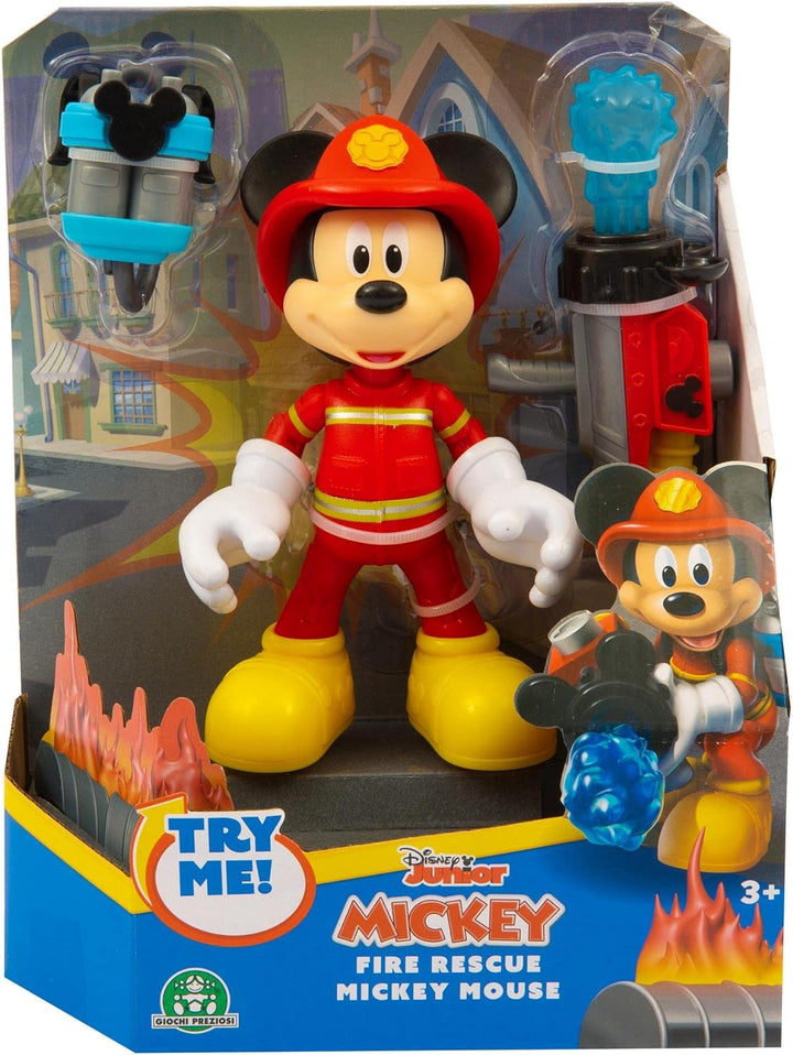 Giochi Preziosi Disney Mickey Figur Feuerwehrmann, 15 cm, beweglich, mit Rucksack mit Wasserkanone u