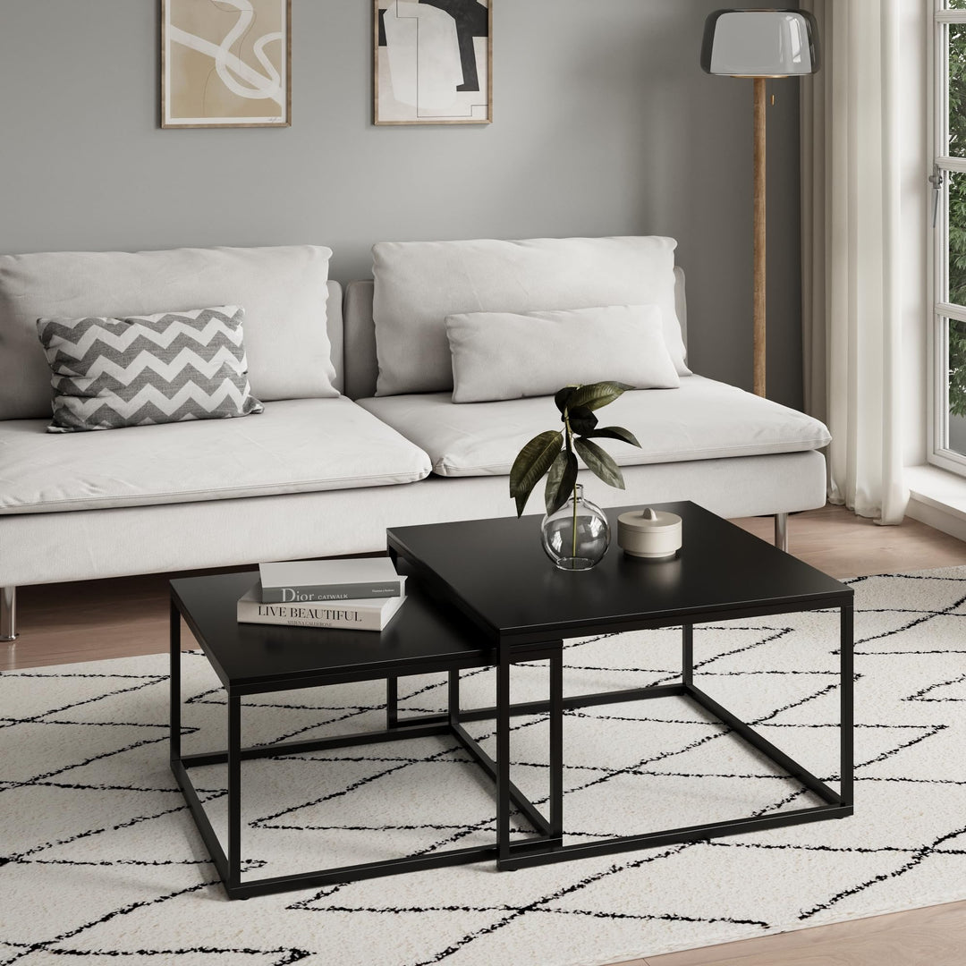 Couchtisch 2er Set quadratisch schwarz aus Holz, Wohnzimmertisch Modern, Beistelltisch Set 2 in 1 mi