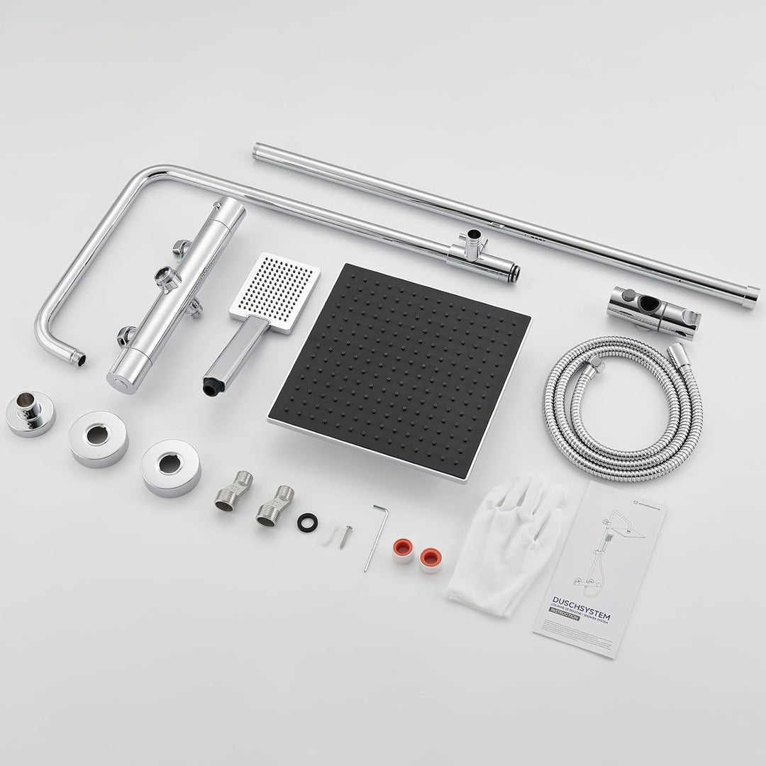 Auralum Thermostat-Duscharmatur komplettset mit Verbrühschutz, Duschsystem mit Regendusche, Duschgar