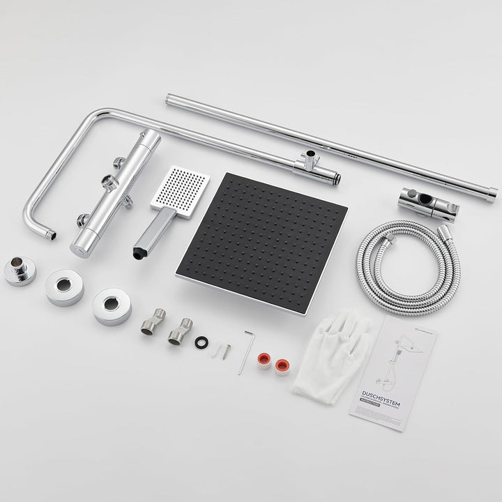 Auralum Thermostat-Duscharmatur komplettset mit Verbrühschutz, Duschsystem mit Regendusche, Duschgar