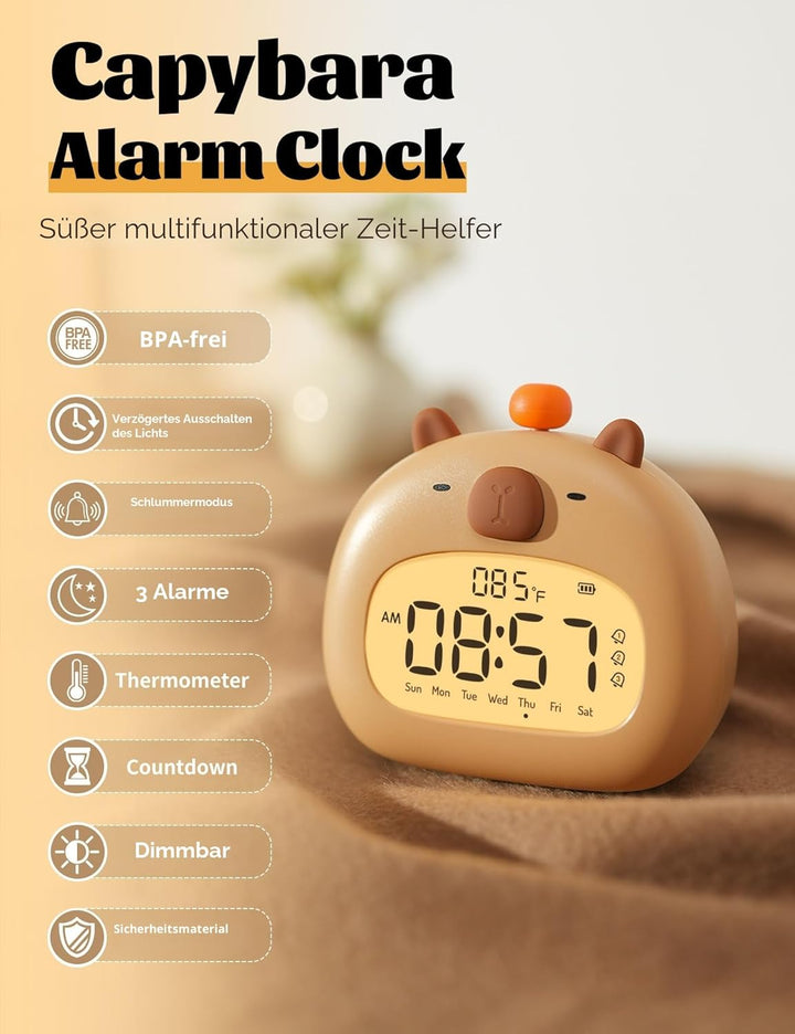 IHALO Capybara Wecker Digital, Wecker Kinder mit Nachtlicht, LED-Display, Ok to Wake 2 Alarme, Woche