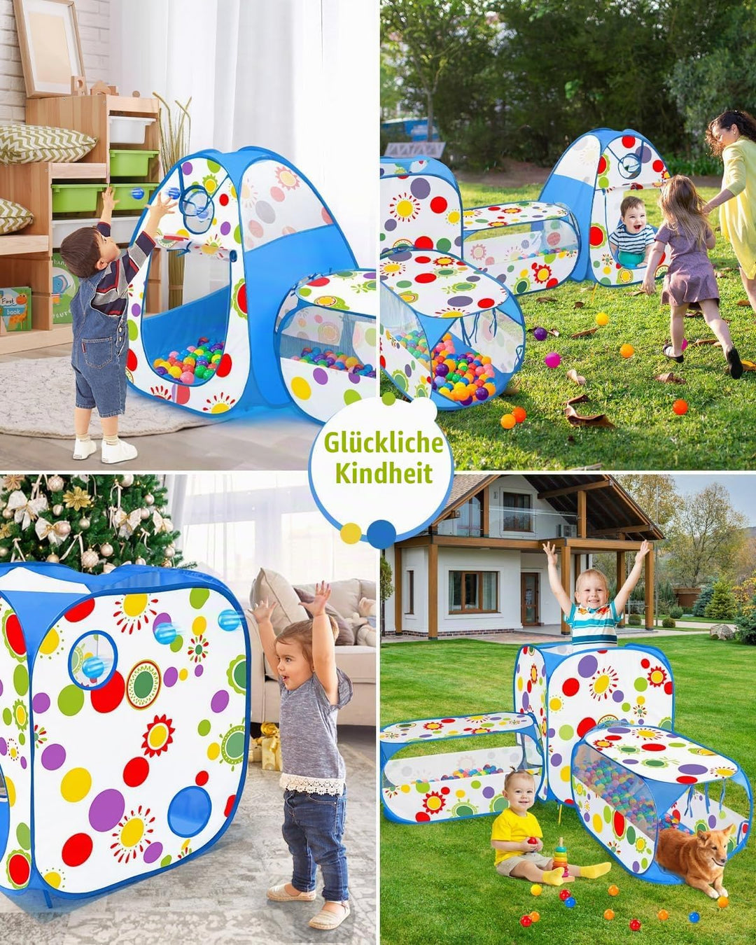 MAIKEHIGH Kinder Spielzelt mit Tunnel, 4 in 1 Pop Up Kinderzelt Bällebad Falten Krabbeltunnel Drinne