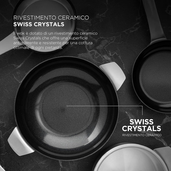 MasterPRO SIGMA - Wok ohne Deckel 28 cm 3.4L Edelstahl - Swiss Crystals Keramikbeschichtung - Langer
