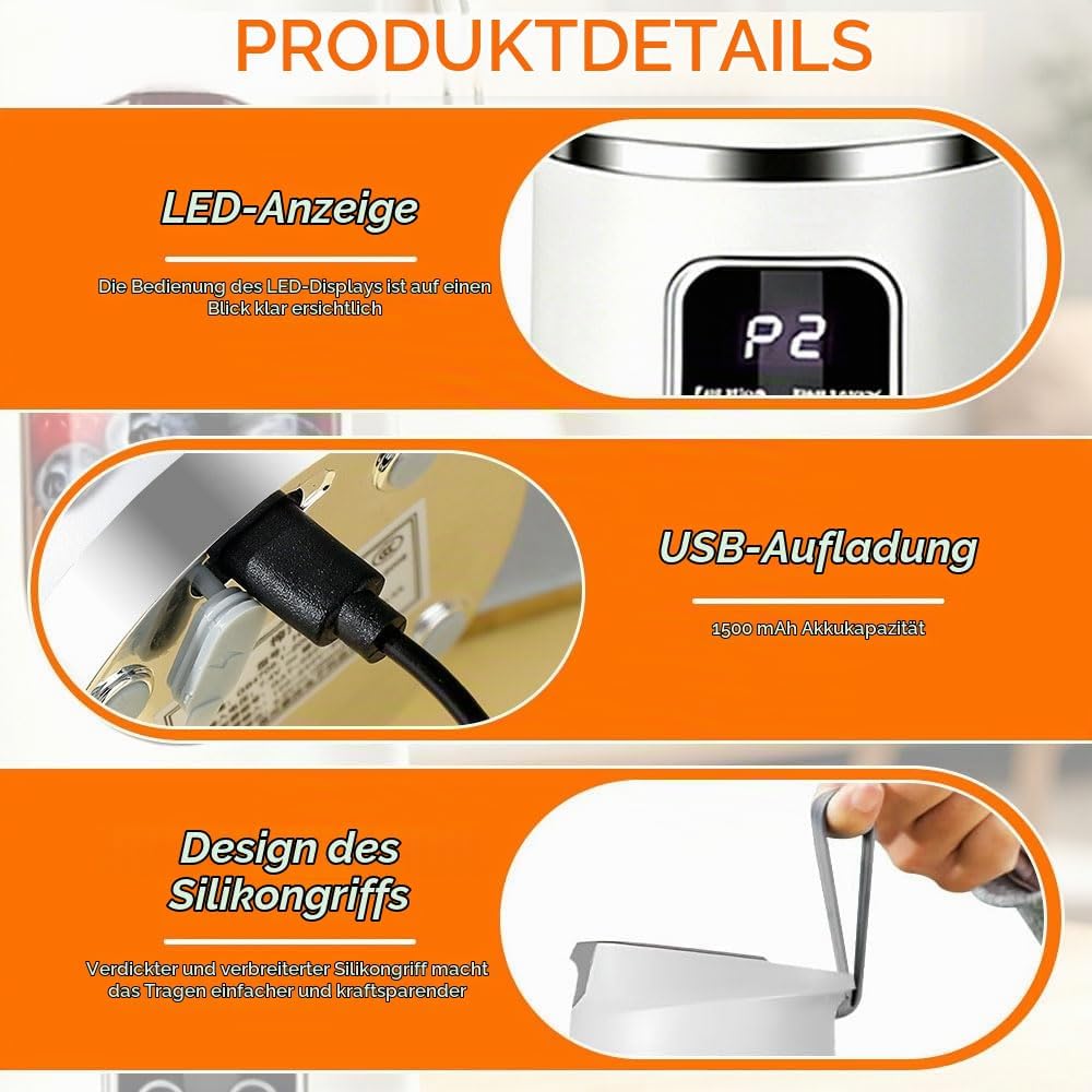 Tragbarer Mixer Smoothie Maker To Go, 450ML, LED Display | Portable Blender mit 12 Klingen für Shake