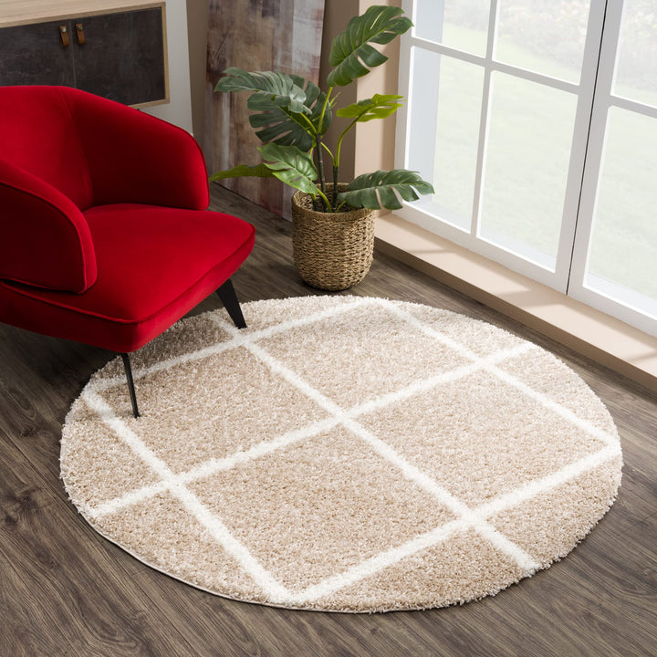 SANAT Madrid Shaggy Teppich Rund - Hochflor Teppiche für Wohnzimmer, Schlafzimmer, Küche - Beige, Gr