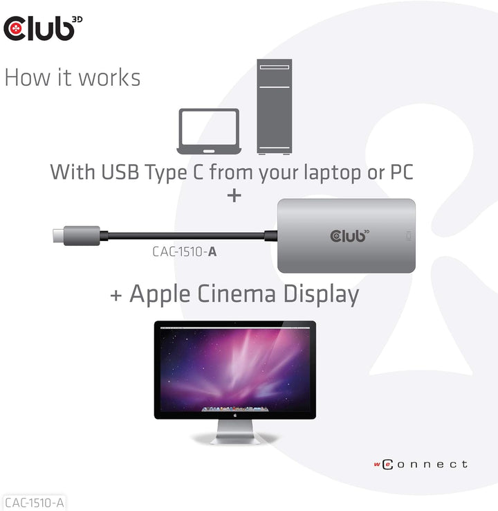 Club 3D 3D Gen1 Type-C auf Dual Link DVI-D HDCP Off Version Aktiver Adapter S/B für Apple Cinema Dis