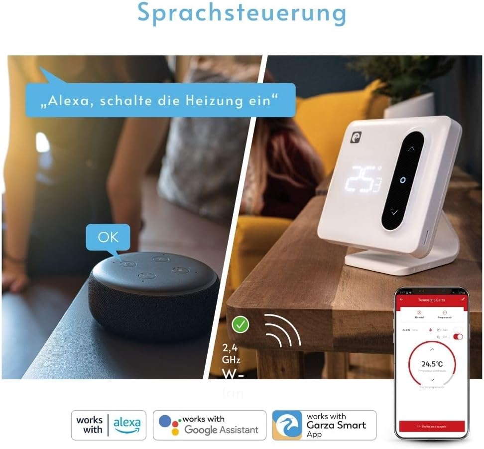 Garza Smart WiFi-Thermostat für Kessel und kabellose Heizung, kompatibel mit Alexa/Google, programmi