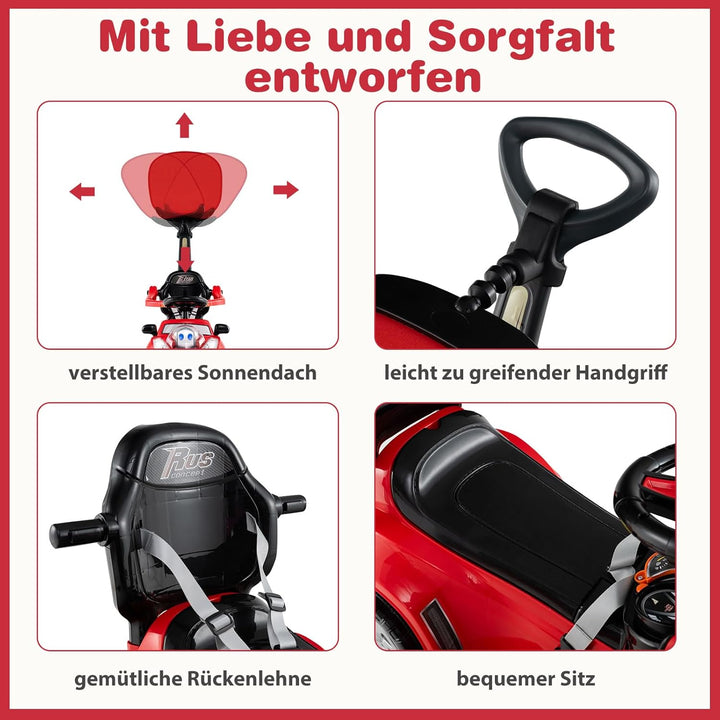 COSTWAY 3-in-1 Rutschauto mit Schiebestange, Rutschfahrzeug mit Hupe, Musik, Licht & Sicherheitsgurt