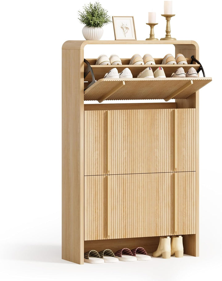 LUXOAK Schuhschrank mit 3 Klappen, Verstellbare Trennwände & Anti-Kipp-Sicherung, Abgerundete Ecken,