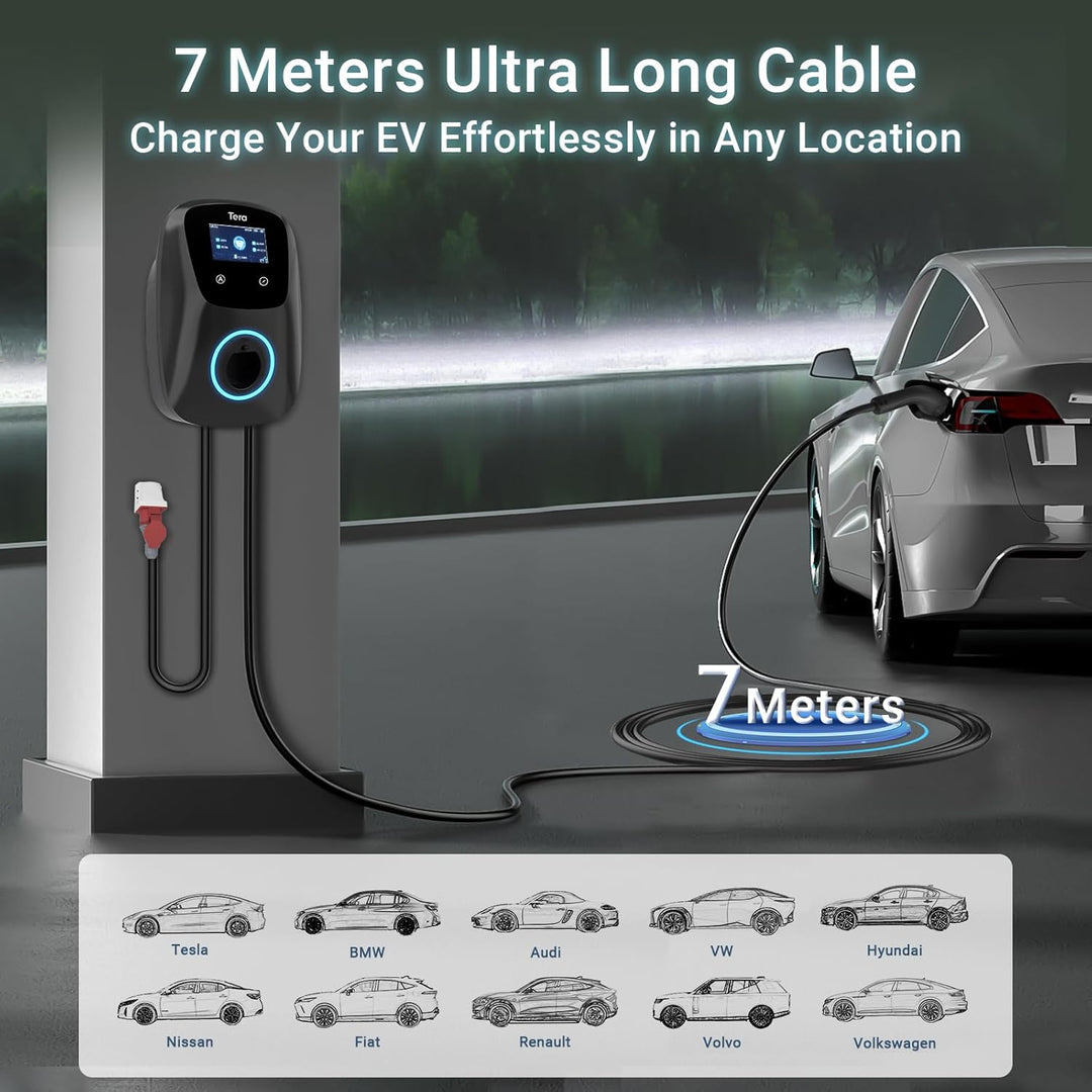 Tera EV Ladegerät Smart APP mit 32A Typ 2 22kW oder 11kW Heim Ladestation 400V CE & TÜV Wallbox 7m L