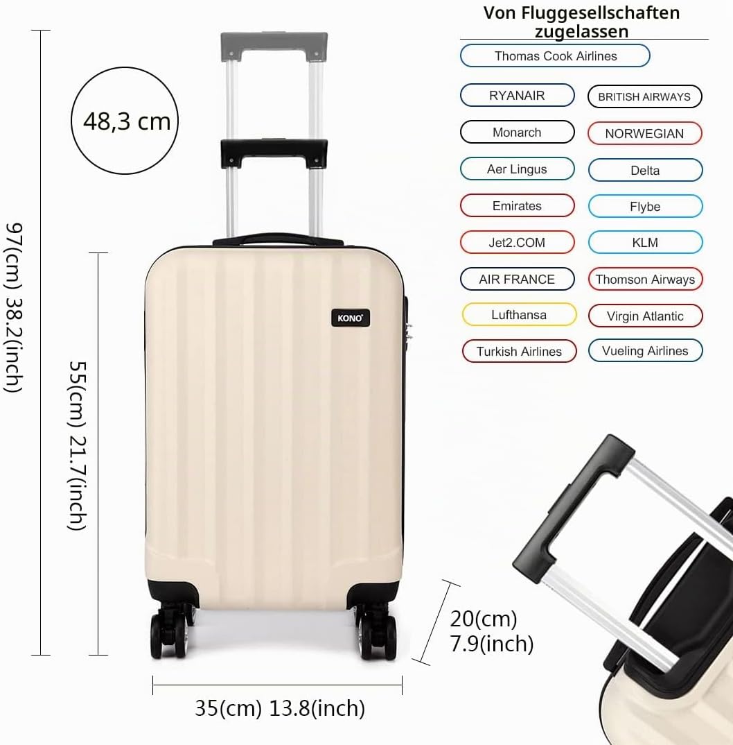 KONO Hartschale Trolley Koffer 4 Rollen Reisekoffer Gepäck (Beige, M) Beige M (56cm - 40L), Beige M