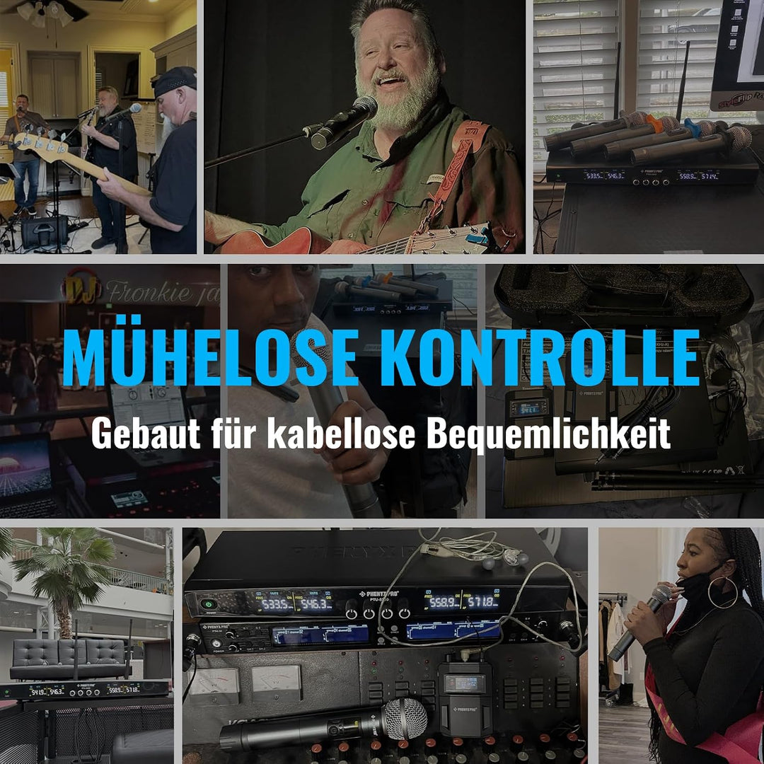 Phenyx Pro Drahtloses Mikrofonsystem, 4-Kanal-Drahtlosmikrofon-Set mit Hand-/Taschen-/Kopfbügel-/Ans