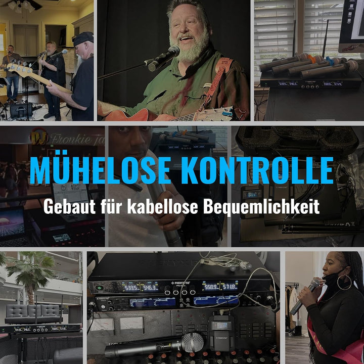 Phenyx Pro Drahtloses Mikrofonsystem, 4-Kanal-Drahtlosmikrofon-Set mit Hand-/Taschen-/Kopfbügel-/Ans