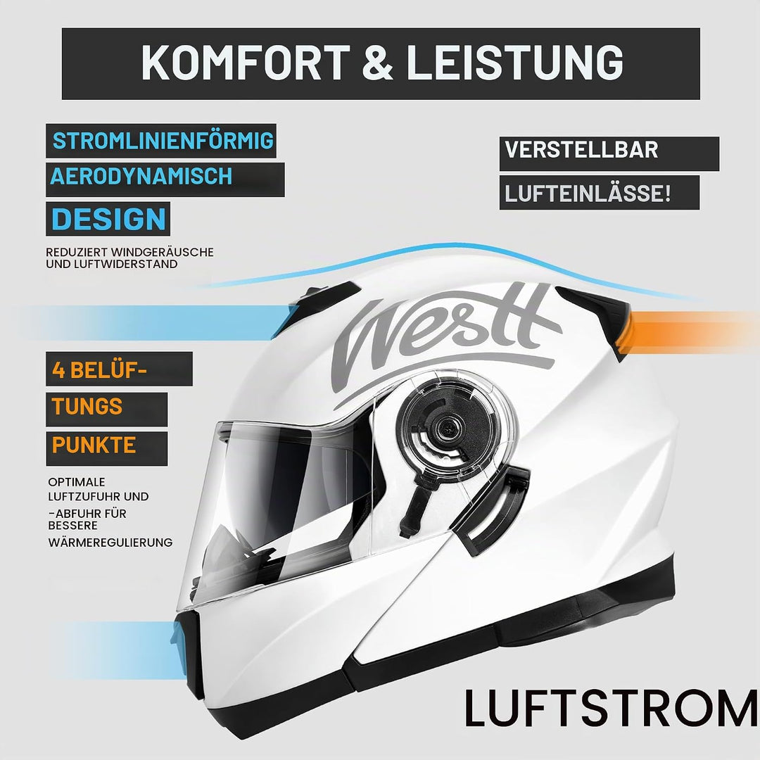 Westt Klapphelm Flip up Motorradhelm Integralhelm Herren Damen mit verstärktem Kinnschutz Chopper Mo