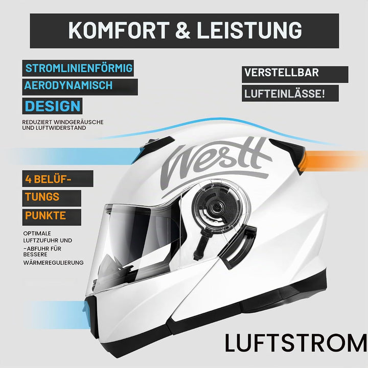 Westt Klapphelm Flip up Motorradhelm Integralhelm Herren Damen mit verstärktem Kinnschutz Chopper Mo