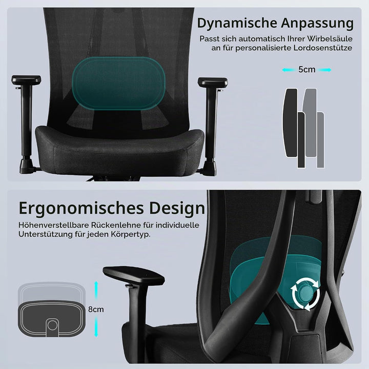 Ergonomischer Bürostuhl mit Verstellbar 3D Armlehne Kopfstütze und Lendenwirbelstütze, Schreibtischs