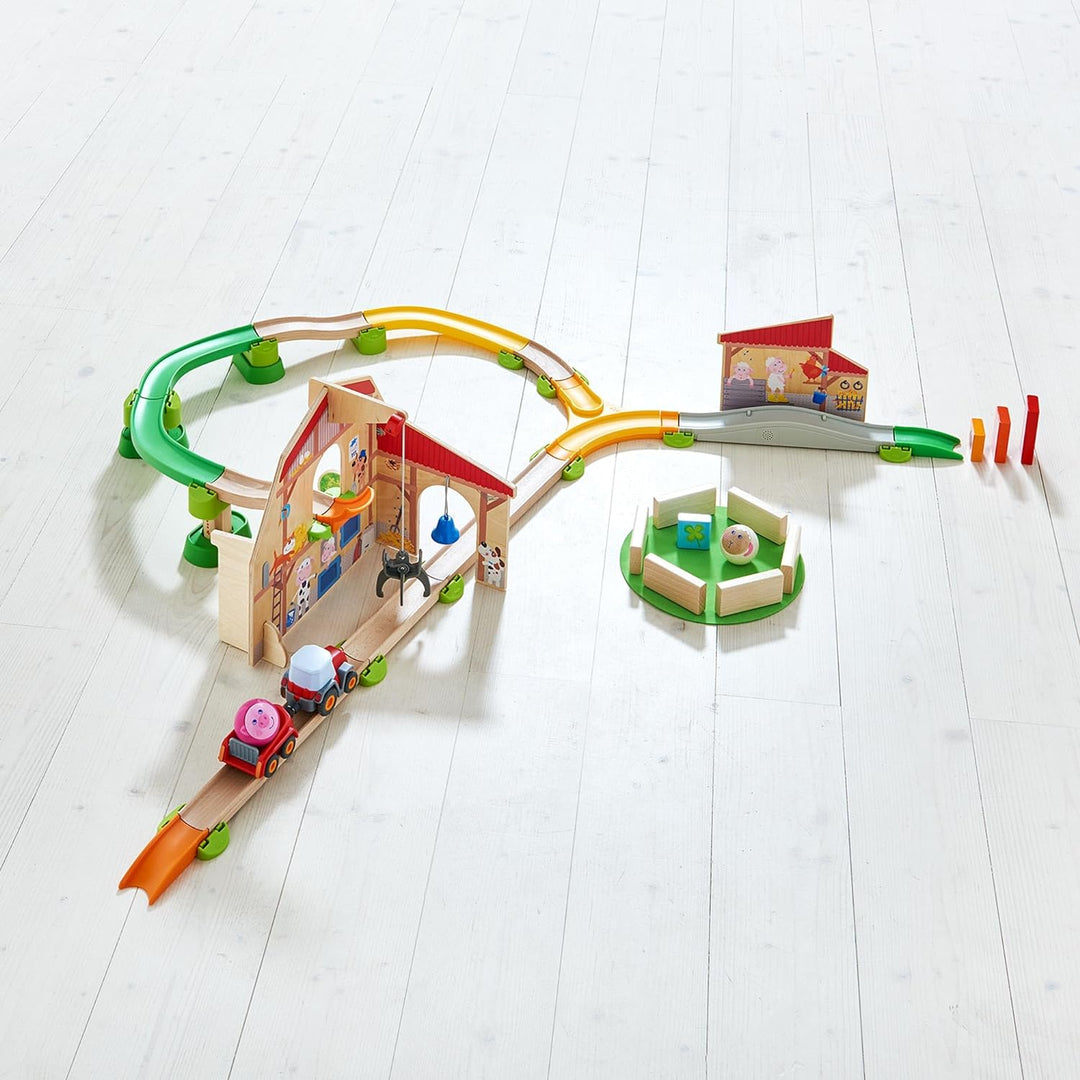 HABA 305397 - Kullerbü – Sound-Spielbahn Bauernhof, Kugelbahn aus Holz mit Spielkulissen, Traktor, K