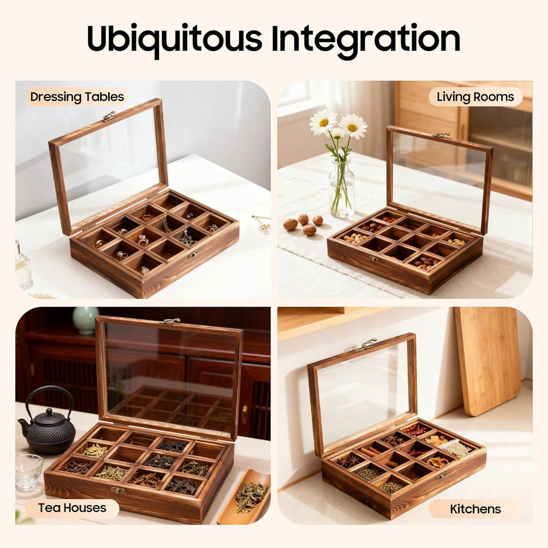 Handgefertigte Indische Masala Dabba Gewürzbox aus Holz mit Glasdeckel,Gewürzbox mit 12 nicht heraus