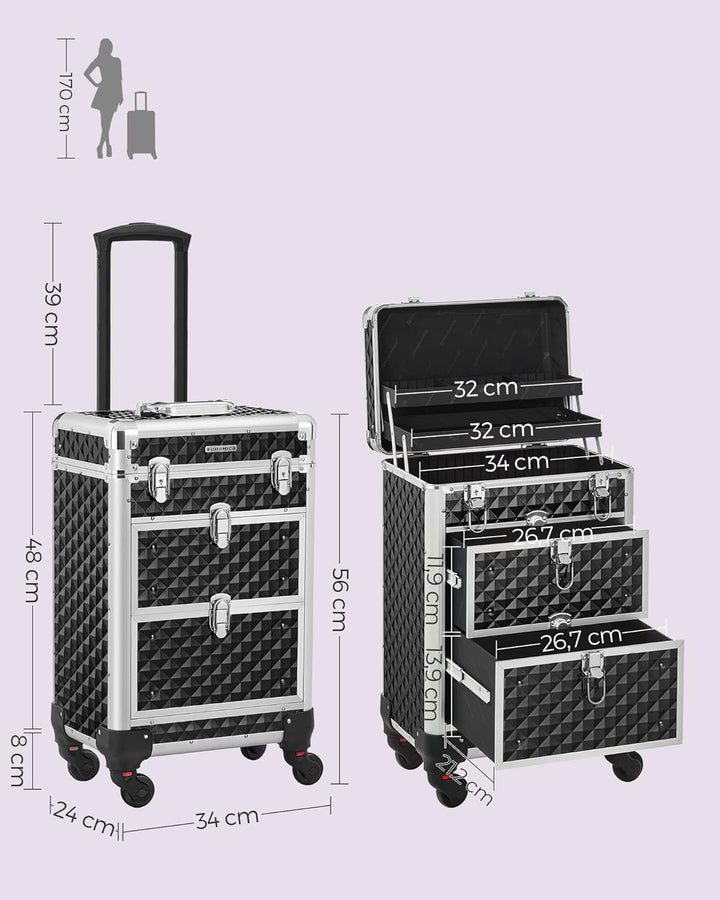 SONGMICS Kosmetikkoffer Trolley, professioneller Schminkkoffer, Friseurkoffer mit 4 abnehmbaren Univ